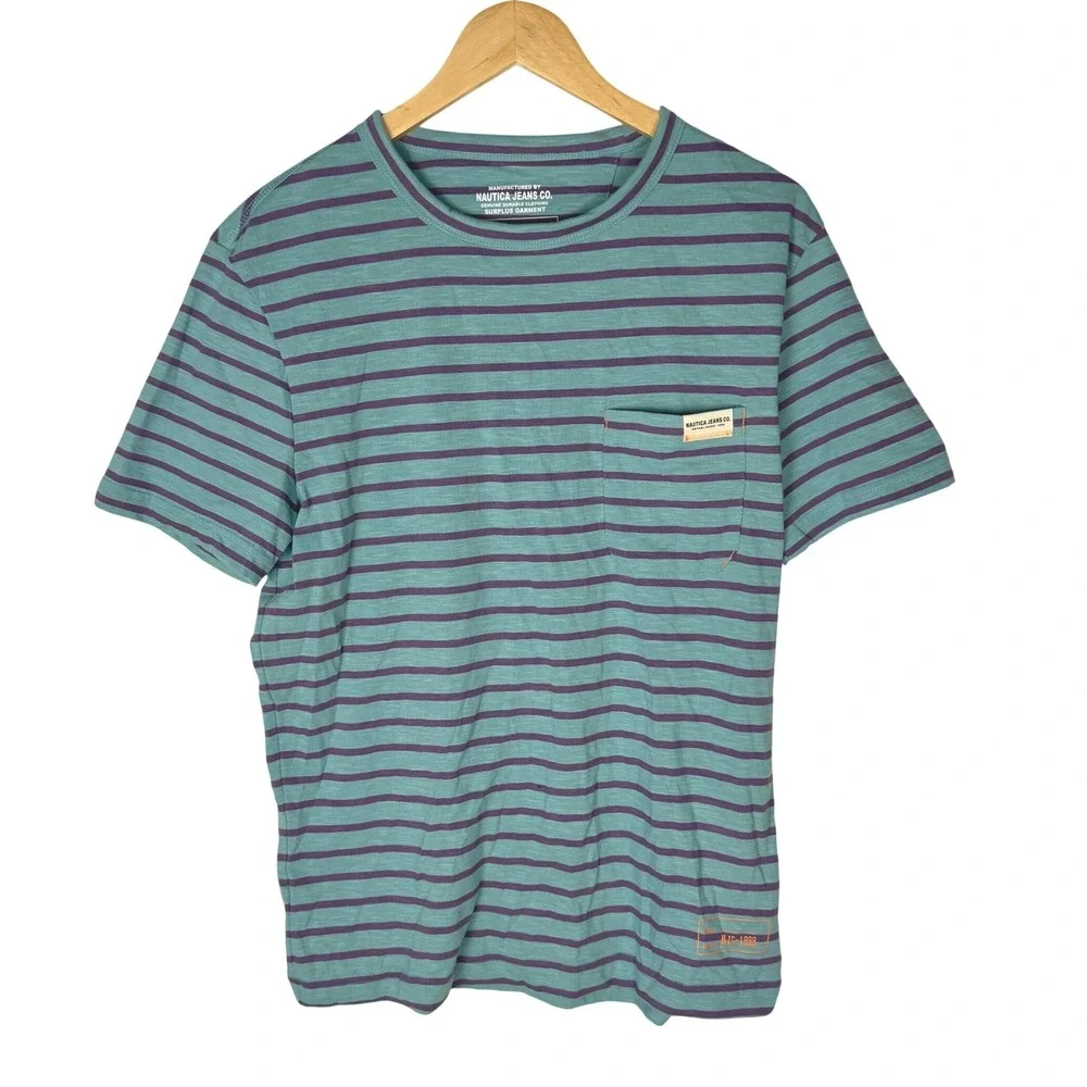 Nautica Jeans Co Mens Striped Crewneck T-Shirt Dusty Turquoise Purple K45510 S